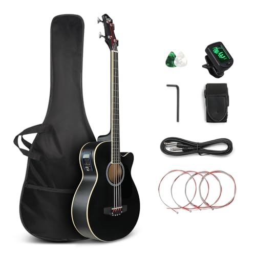 GLARRY Full Size Acoustic Electric Bass Guitar Beginner Kit, Cutaway 4 Strings Electric Acoustic Bass Guitar w/Inbuilt Tuner, Bag, Strap, Picks, Strings, Basswood Bass Guitarra, Matte Black