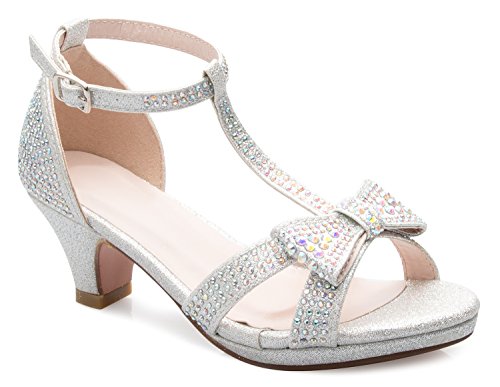 Olivia K Girl's Glitter Leatherette Open Toe Strappy Ankle T Strap Kitten Heel Sandal (Toddler/Little Girl), Silver Y2