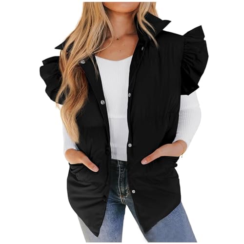 Winter Clothes Woman, Women'S Mid-Long Vest Ruffle Sleeve Button Down Bubble Jackets Quilted Puffy Outerwear Jackets Coat Puffer For Coat Snow Jacket Womens Jacket Coat (M, Black)