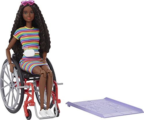 Barbie Fashionistas Doll #166 with Wheelchair & Crimped Brunette Hair Wearing Rainbow-Striped Dress, White Sneakers, Sunglasses & Fanny Pack, Toy for Kids 3 to 8 Years Old (Amazon Exclusive)