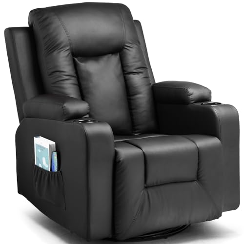 COMHOMA Leather Recliner Chair Modern Rocker with Heated Massage Ergonomic Lounge 360 Degree Swivel Single Sofa Seat with Drink Holders Living Room Chair (Black)