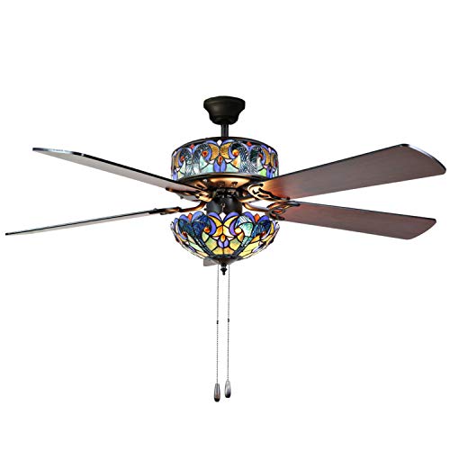 RIVER OF GOODS LED Stained Glass Ceiling Fan - Colorful Ceiling Fans With Lights - Unique Lighting & Ceiling Fans - Charming Antique Ceiling Fan - 52 Inch - Halston - Blue