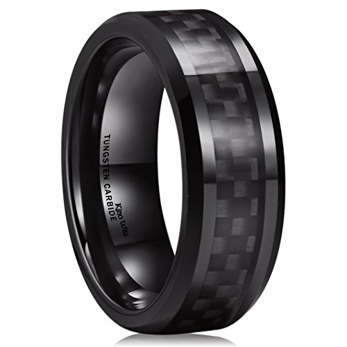 King Will GENTLEMAN 8mm Black Carbon Fiber Inlay Tungsten Carbide Ring Polished Finish Edges Comfort Fit9.5