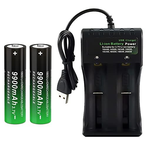 CBJJ 18650 Battery Charger Set, 3.7 Volt 18650 Rechargeable Battery 9900mAh 3.7V Batteries with 2 Bays Charger (2 Pack Button Top Batteries)