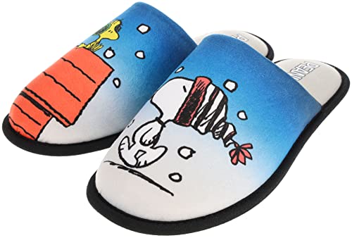 Peanuts Family Slippers, Mismatch Memory Foam Slippers Indoor Outdoor Holiday Scuff, Snoopy & Woodstock, Blue, Men's 9-10 (Women's 11-12)