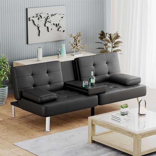 Acurax Futon Sofa Bed, Modern Faux Leather Convertible Folding Lounge Couch for Living Room with 2 Cup Holders Removable Soft Armrest and Sturdy Metal Legs, Black