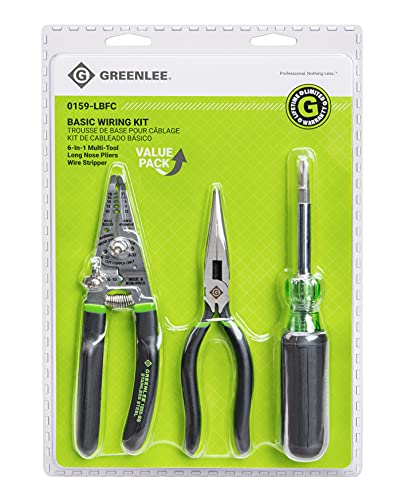 Greenlee, 0159-LBFC, 3-Piece Electrician Tool Kit with Stainless Steel Wire Stripper and Cable Crimper, 6-in-1 Multi-Tool Screwdriver and Bonus 7-Inch Long Nose Side-Cutting Pliers