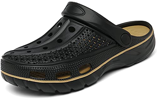 INMINPIN Mens Womens Garden Clogs Shoes Beach Slippers Pool Water Sandals with Comfortable Arch Support Insole(Black Golden, 14-15 Women/12-13 Men)