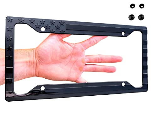 TACTILIAN American Flag License Plate Frame - Subdued 3D Embossed USA Flag in Black Gloss on Matte Finish for Car, Truck or SUV (Gloss on Matte Black)