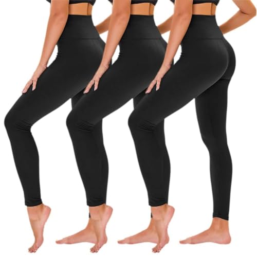 High Waisted Leggings for Women - No See Through Tummy Control Cycling Workout Yoga Pants with Pockets Reg & Plus Black/Black/Black