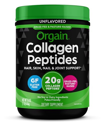 Orgain Hydrolyzed Collagen Peptides Powder For Women & Men, 20g Grass Fed Collagen, Unflavored - Hair, Skin, Nail, & Joint Support Supplement, Paleo & Keto, Non-GMO, Type I and III, 1lb