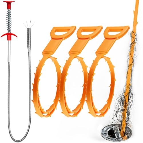 Omont Snake Drain Hair Clog Remover Tool, 34 Inch Stainless Steel Claw and 3 Pack 19. 7 Inch Plastic Sink Unclogger Tool, Sink Drain Cleaner Tool for Kitchen, Sink Bathroom, Tub Toilet Orange (3+1)