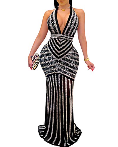 PORRCEY Women's Sexy Deep V Neck Backless Rhinestone Dresses Sexy Long Mermaid Evening Dress (3816,Black,S)