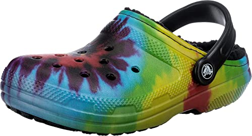 Crocs Unisex-Adult Classic Tie Dye Lined Clogs | Fuzzy Slippers, Rainbow Tie Dye, 9 Women/7 Men