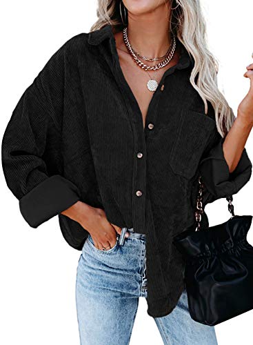 Astylish Womens Long Sleeve Button Up Pocket Shirts Ladies Loose Fit Corduroy Tunic Blouse Tops Black M