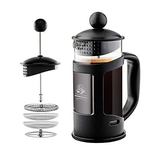 OVENTE 12 Ounce French Press Coffee, Tea and Espresso Maker, Heat Resistant Borosilicate Glass with 4 Filter Stainless-Steel System, BPA-Free Portable Pitcher Perfect for Hot & Cold Brew, Black FPT12B
