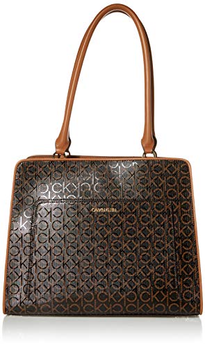 Calvin Klein Margot Textured Logo Tote, Brown/Khaki/Caramel Embossed