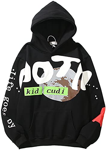 WINKEEY Unisex Lucky Me I See Ghosts Sweatshirt Rapper Long Sleeve Hip Pop Hooded Hoodie for Women (L,Ball Black)