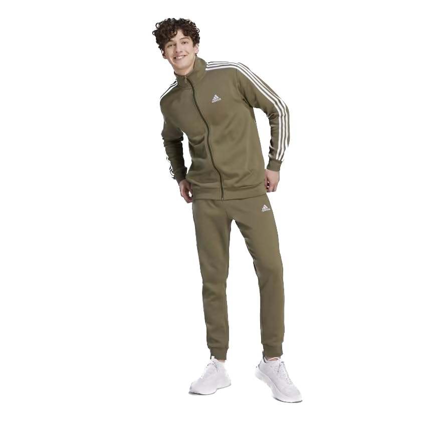adidas mens Sportswear Basic 3-Stripes Fleece Track Suit Olive Strata Medium