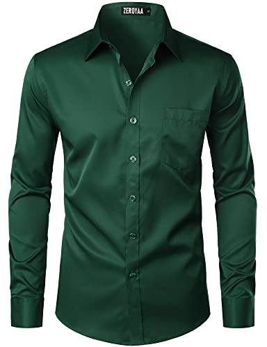 ZEROYAA Men's Urban Stylish Casual Business Slim Fit Long Sleeve Button Up Dress Shirt with Pocket ZLCL29 Dark Green XXX-Large