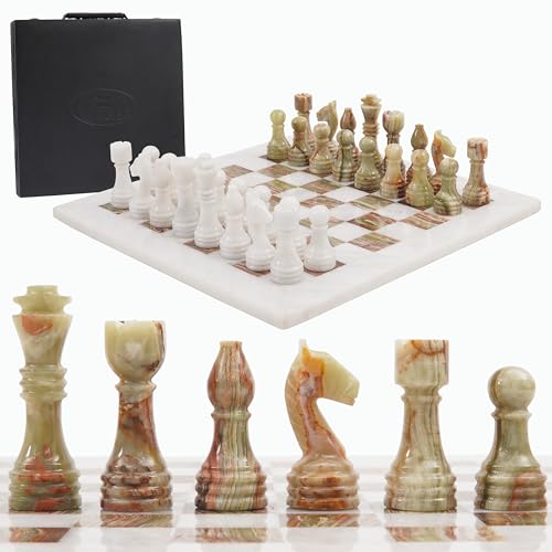 Radicaln Marble Chess Set with Storage Box 15 Inches White and Green Onyx Handmade Chess Board for Adult Games - 1 Chess Board & 32 Chess Pieces for Outdoor Games for Adults