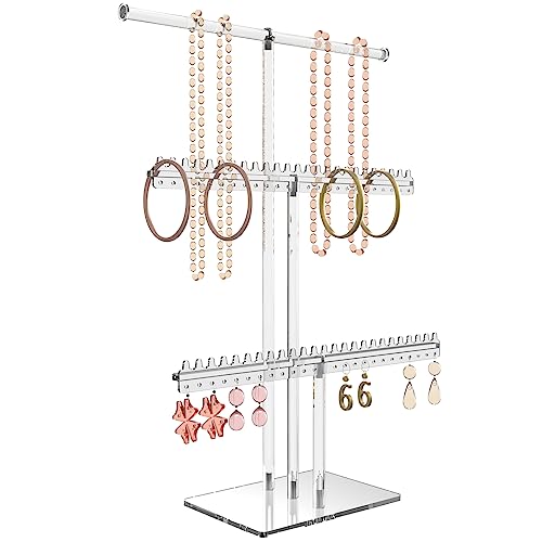 lengnoyp Premium Jewelry Stand, Earring Holder, Necklace Holder Stand, Clear 3-Tier Acrylic Large Storage Jewelry Organizer Stand & Bracelet/Bangles Stand, 48 Earring Holes Display Stands