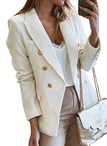 Happy Sailed Double Breasted Tweed Blazers for Women Casual Long Sleeve Lapel Collar Formal Blazer Jackets Slim Fit Open Front Business Work Jackets White Small