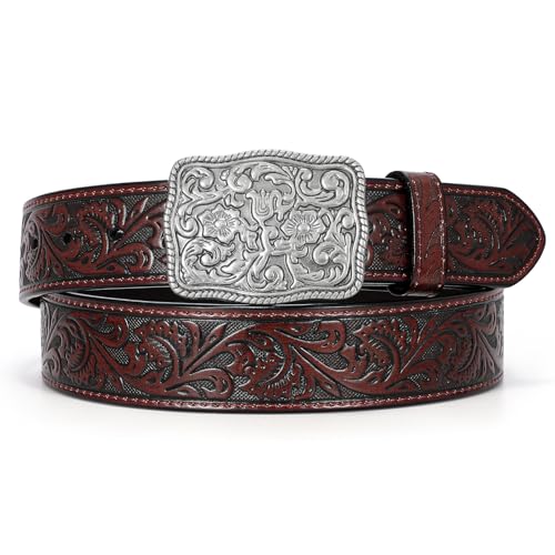 TRIWORKS Western Belts for Women Men Cowgirl Cowboy Embossed Engraved Tooled Leather Belt with Buckle for Jeans Pants Rodeo,C-Coffee,Fit Waist Size 36'-40'