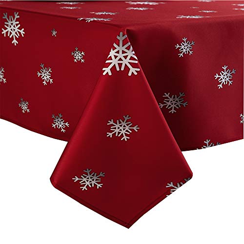 Linnovo Decorative Christmas Tablecloth, Wrinkle and Water Resistant Holiday Table Cloth for Square and Rectangle Tables, Polyester Fabric Red Table Cover 60 x 102 Inch, Gradient Solid Snowflake
