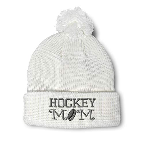 Speedy Pros Pom Pom Beanies for Women Hockey Mom A Embroidery Skull Cap Hockey Lover Humor Winter Hats for Men Acrylic 1 Size White Design Only