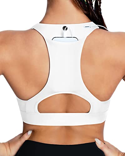 QUEENIEKE Women's Medium Support Back Pocket Energy Sport Bra Cotton Feel Size L Color White Back Pocket