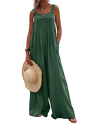 Dokotoo Womens Overalls Green Jumpsuits for Women Casual Loose Solid Color Wide Leg One Piece Jumpsuit Long Pant Rompers with Pockets Medium