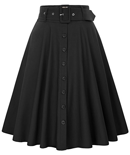 Women's Vintage High Waist A-Line Skirts Black Midi Swing Skirt with Belts Pockets Plus Size 2XL