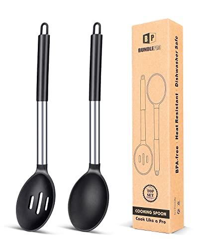 Pack of 2 Large Silicone Cooking Spoons,Non Stick Solid Basting Spoon,Heat-Resistant Kitchen Utensils for Mixing,Serving,Draining,Stirring (BLACK)