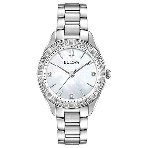 Bulova Ladies' Classic Sutton Stainless Steel 3-Hand Quartz Watch, Diamond Dial and Bezel with White Mother-of-Pearl Dial Style: 96R228
