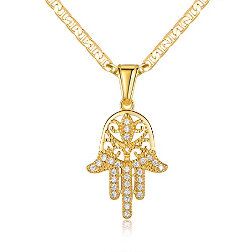 Barzel Hamsa Necklace for Women, Men, Boys, and Girls 18K Gold Plated Flat Mariner/Marina 060 3MM Chain Necklace With Cubic Zirconia Hamsa Hand Pendant (Hamsa, 20)