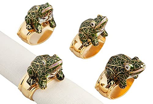 Hans Turnwald Set 4 Frog Cloisonne Enamel Signed Gold Plated Napkin Rings