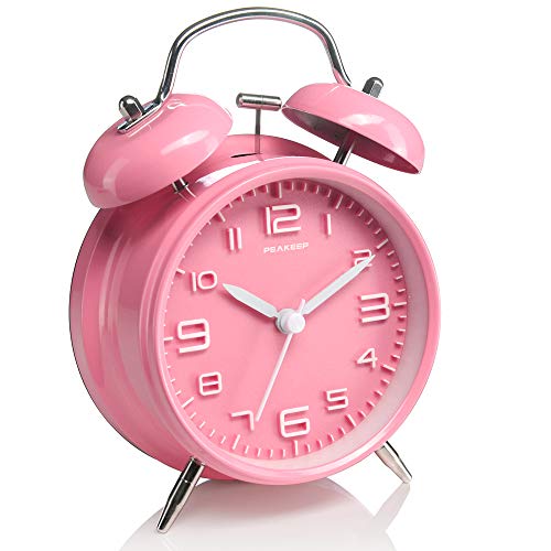 Peakeep 4 Inches Twin Bell Loud Alarm Clock for Heavy Sleepers Kids, Battery Operated Old Fashioned Alarm Clock (Pink)