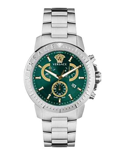 Versace New Chrono Collection Luxury Mens Watch Timepiece with a Silver Bracelet Featuring a Stainless Steel Case and Green Dial