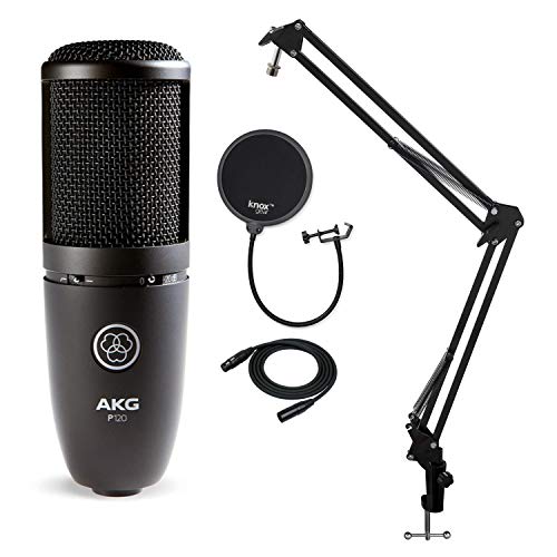 AKG P120 Recording Microphone with Knox Gear Boom Arm, Pop Filter and XLR Cable Bundle (4 Items)