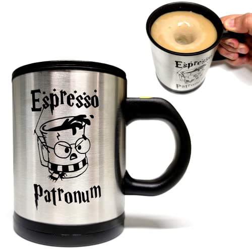 Magic Self-Stirring Espresso Patronum Potter Mug - 304 Double Insulated Stainless Steel with Lid - Requires 2AAA Batteries - Harry P Gift