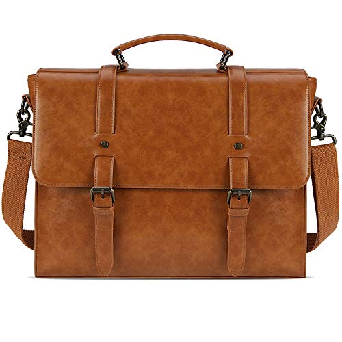 Mens Messenger Bag Vintage 15.6 Inch Waterproof Leather Laptop Briefcase Large Satchel Shoulder Bag Retro Office College Computer Bag, Brown