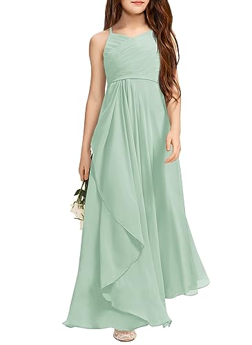 Imily Bela Girl's A-Line Halter Junior Bridesmaid Flower Flowy Chiffon Maxi Wedding Party Pageant Gown Dress, Green, 13-14 Years