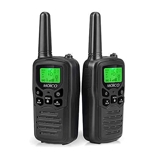 Walkie Talkies, MOICO Long Range Walkie Talkies for Adults with 22 FRS Channels,Family Walkie Talkie with LED Flashlight VOX LCD Display for Hiking Camping Trip (Black 2 Pack)