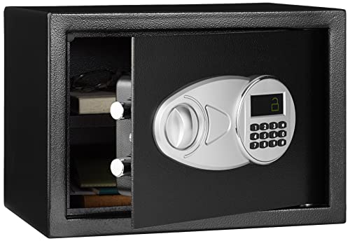 Amazon Basics Steel Security Safe and Lock Box with Electronic Keypad - Secure Cash, Jewelry, ID Documents, 0.5 Cubic Feet, Black, 13.8'W x 9.8'D x 9.8'H