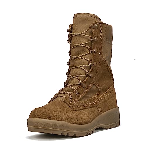 Belleville C300 ST 8 Inch Army OCP ACU Hot Weather Steel Toe Combat Boots For Men - Coyote Brown Cattlehide Leather Boots Safety Rated For Electrical Hazards (EH), Coyote - 10.5 W