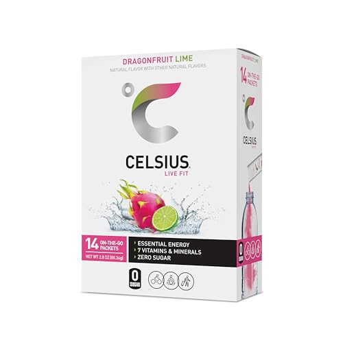 CELSIUS Dragonfruit Lime On-the-Go Powder Stick Packs, Zero Sugar 14 Count(Pack of 1)