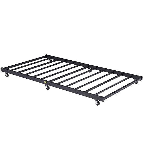 VECELO Twin Trundle Bed Frame Only/Roll Out/Enhanced & Up-Graded Metal Slats Support with Lockable Casters, Black