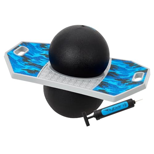 Flybar Pogo Trick Ball for Kids, Trick Bounce Board for Boys and Girls Ages 6+, Up to 160 lbs, Includes Pump, Easy to Carry Handle, Durable Plastic Deck Indoor, Outdoor Toy Pogo Jumper (Blue Camo)