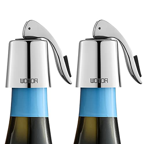WOTOR Stainless Steel Wine Bottle Stoppers with Silicone - Reusable Wine Saver and Decorative Bottle Sealer, Leakproof, Keep Fresh, Silver, 2 Pack